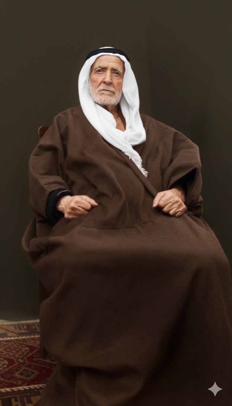 Portrait of Ibrahim Zalatimo seated in a traditional brown cloak and white keffiyeh